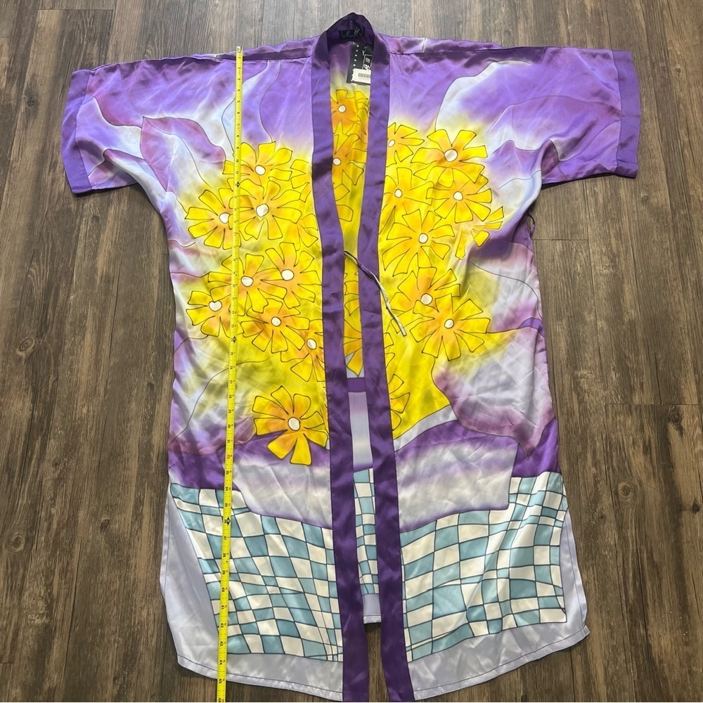 NWT Intimates Sleepwear Purple Yellow Floral Short Sleeve Satin Robe Jacket L - Picture 7 of 8